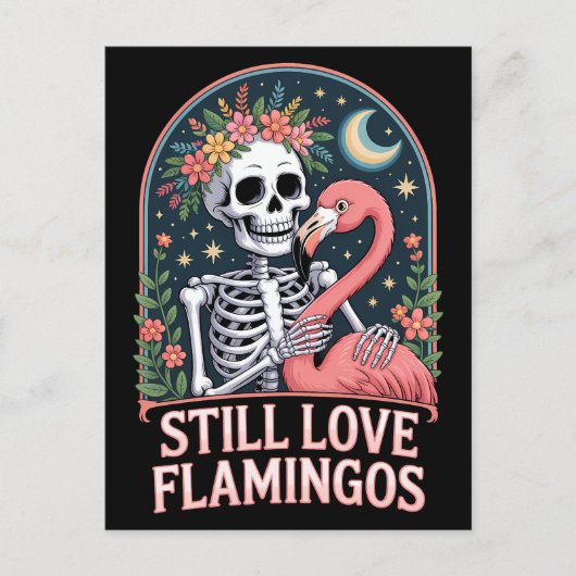 Floral Skeleton Flamingo Halloween Postkarte (Vorderseite)
