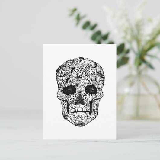 Floral Skull Doodle Postkarte (Stehend Vorderseite)