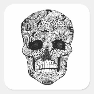 Floral Skull Doodle Quadratischer Aufkleber