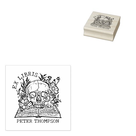 Floral Skull Ex Libris Library Book Gummistempel (Stempel)