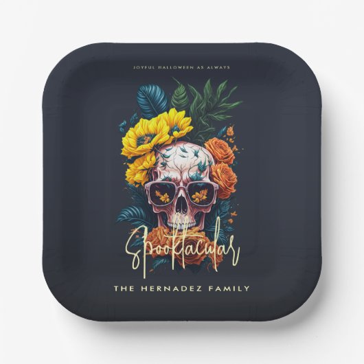Floral Skull Faboolly Spooktacular Familienname Pappteller (Vorderseite)