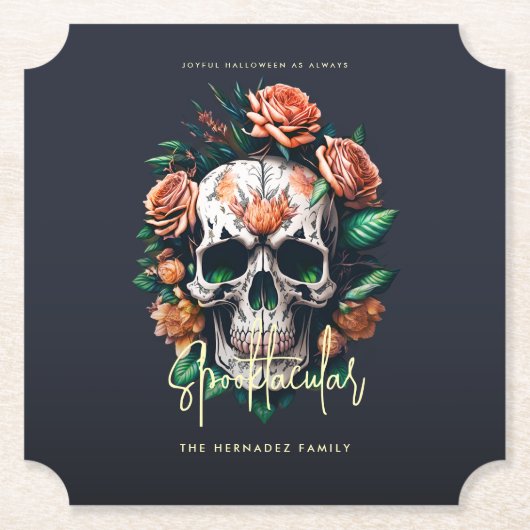 Floral Skull Faboolly Spooktacular Familienname Untersetzer (Vorderseite)