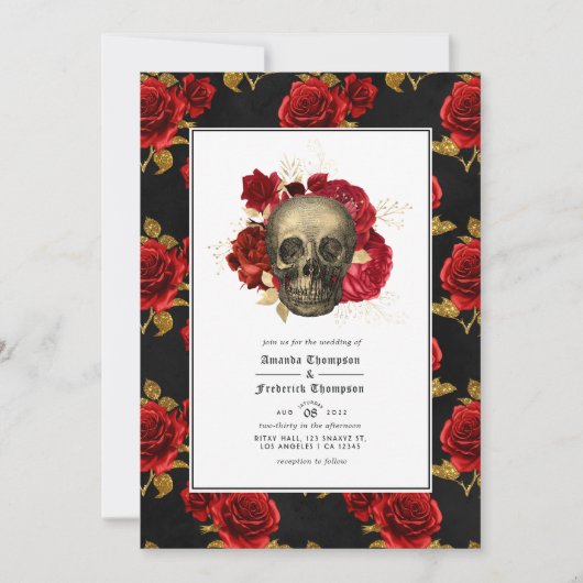 Floral Skull Gothic Wedding Foto Einladung (Vorderseite)