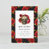 Floral Skull Gothic Wedding Foto Save The Date (Stehend Vorderseite)