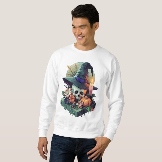 Floral Skull mit Hexenhut Pixel Art Sweatshirt (Vorne ganz)