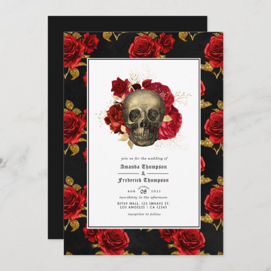 Floral Skull QR Code UAWG Gothic Wedding Einladung (Vorne/Hinten)