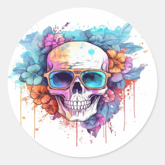 Floral Skull Shades Runder Aufkleber (Vorderseite)