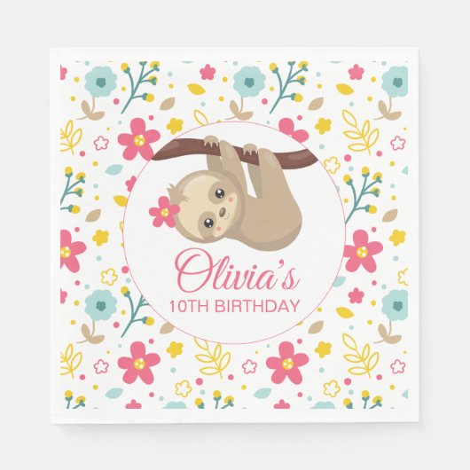 Floral Sloth Birthday Party Napkins Serviette (Vorderseite)