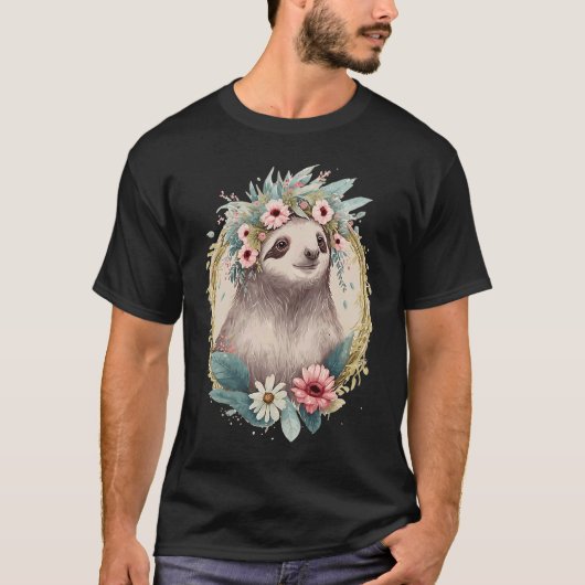 Floral Sloth Flower Crown Cute Watercolor T-Shirt (Vorderseite)