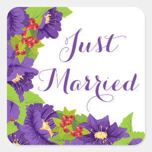 Floral Soeben Verheiratet Lila Blumen Hochzeit Quadratischer Aufkleber