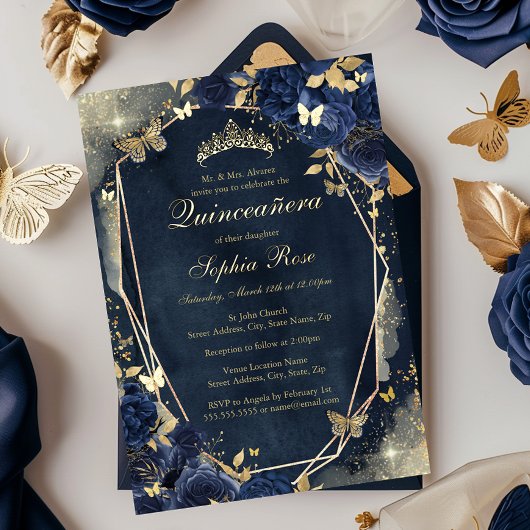 Floral Sparkle Butterfly Navy Gold Quinceanera Folieneinladung