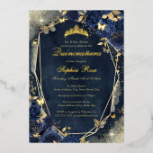 Floral Sparkle Butterfly Navy Gold Quinceanera Folieneinladung (Vorderseite)