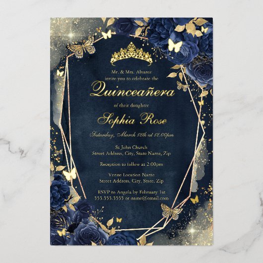 Floral Sparkle Butterfly Navy Gold Quinceanera Folieneinladung (Vorderseite)