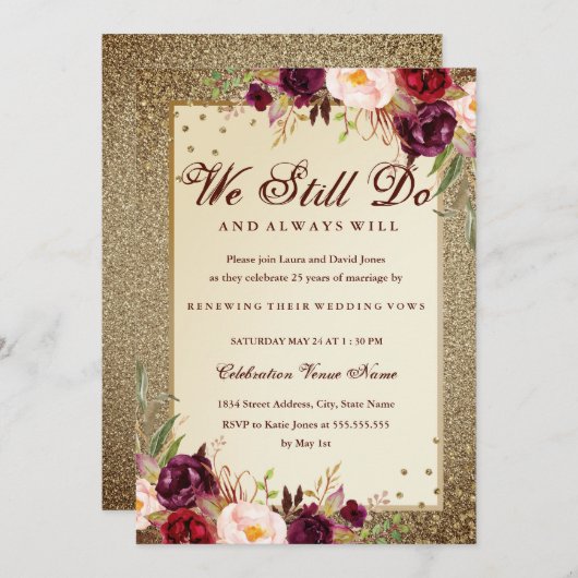 Floral Sparkle Gold Neujahrstag Einladung (Vorne/Hinten)