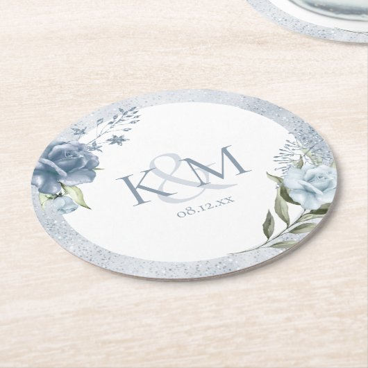 Floral Sparkle Wedding Initials Dusty Blue ID889 Runder Pappuntersetzer (Angewinkelt)