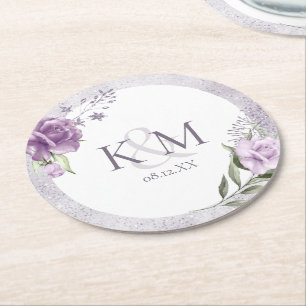 Floral Sparkle Wedding Initials Mauve ID889 Runder Pappuntersetzer