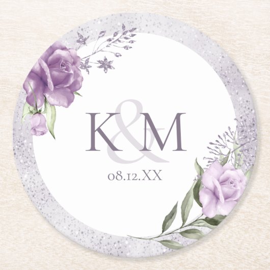 Floral Sparkle Wedding Initials Mauve ID889 Runder Pappuntersetzer (Vorderseite)