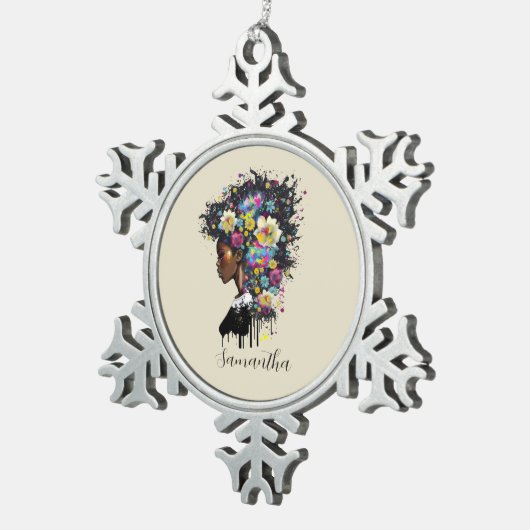 Floral Sparkling afrikanische Amerikanerin Schneeflocken Zinn-Ornament (Rechts)