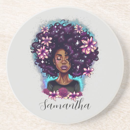 Floral Sparkling Afro Frau Getränkeuntersetzer (Vorne)
