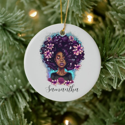 Floral Sparkling Afro Frau Keramik Ornament (Baum)