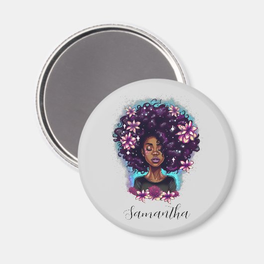 Floral Sparkling Afro Frau Magnet (Vorderseite/Rückseite)