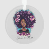 Floral Sparkling Afro Frau Ornament (Rückseite)