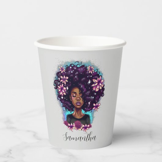 Floral Sparkling Afro Frau Pappbecher (Vorderseite)