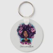 Floral Sparkling Afro Frau Schlüsselanhänger (Rückseite)