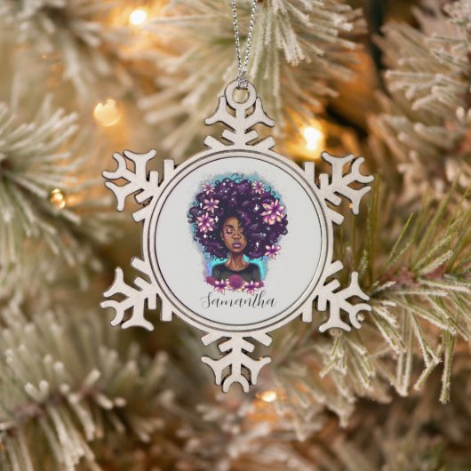 Floral Sparkling Afro Frau Schneeflocken Zinn-Ornament (Baum)