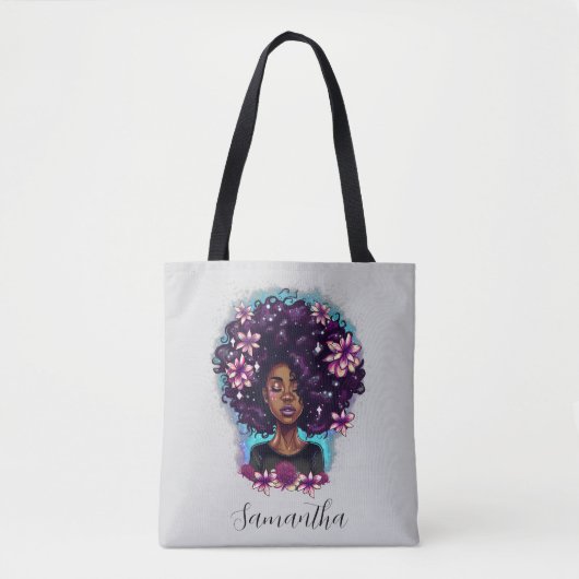 Floral Sparkling Afro Frau Tasche (Vorderseite)