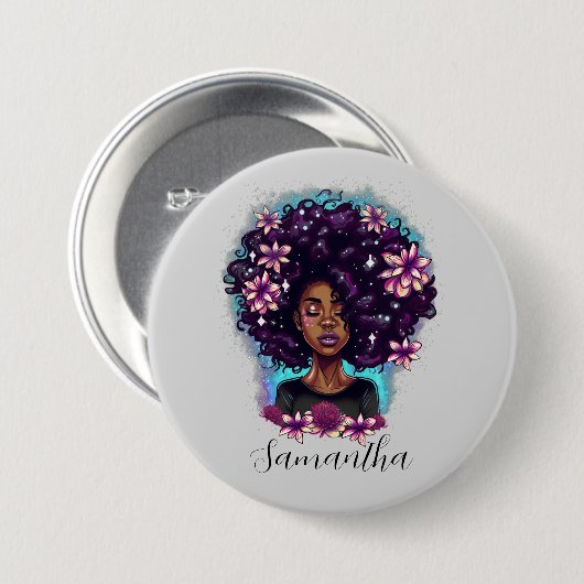 Floral Sparkling Afro Frauenschaltfläche Button (Vorne & Hinten)