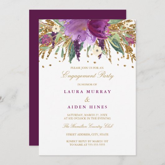 Floral Sparkling Amethyst Wedding Engagement Party Einladung (Vorne/Hinten)
