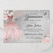 Floral Sparkress Butterfly Pink Quinceanera Folieneinladung (Rückseite)