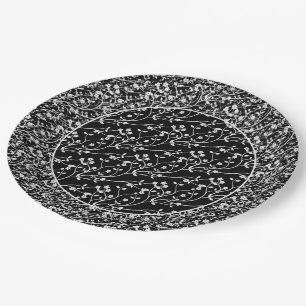 Floral Spray,WEISS-SCHWARZE 6-PAPIERE-PARTY-TELLER Pappteller