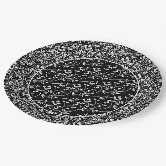 Floral Spray,WEISS-SCHWARZE 6-PAPIERE-PARTY-TELLER Pappteller (Schrägansicht)