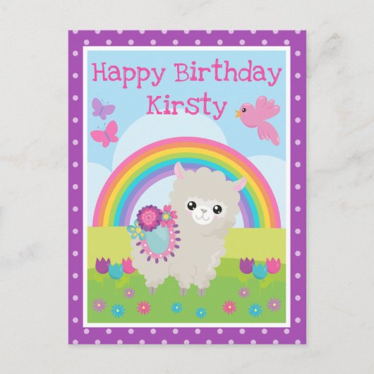 Floral Spring Llama & Rainbow Birthday Postkarte (Vorderseite)