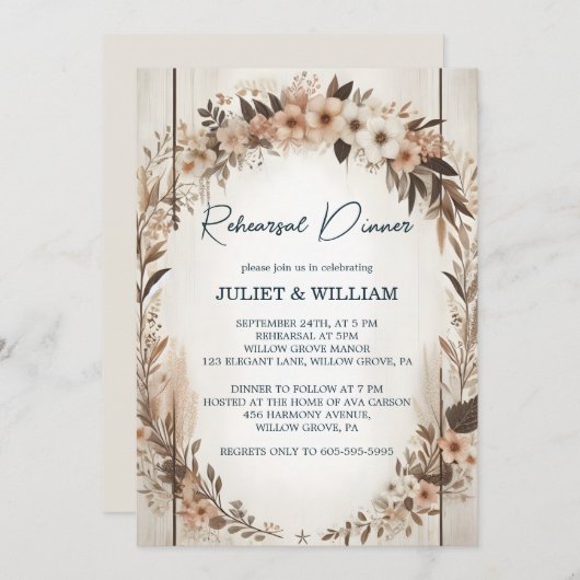 Floral Spring Wood Boho Rustikale Probe Abendessen Einladung (Vorne/Hinten)