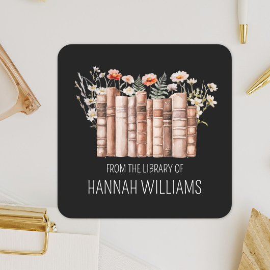 Floral Stack Book From the Library of Bookplate Quadratischer Aufkleber