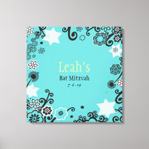 Floral Star Aqua Bat Mitzvah Sign-In Board Leinwanddruck