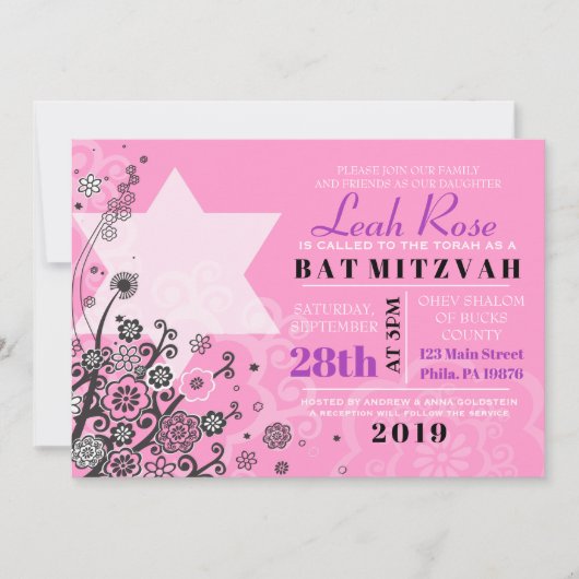 Floral Star von David Bat Mitzvah Einladung Rosa (Vorderseite)