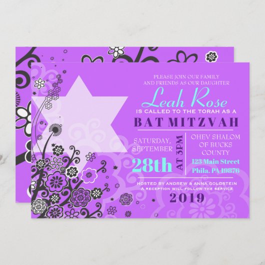 Floral Star von David Bat Mitzvah Einladung Violet (Vorne/Hinten)