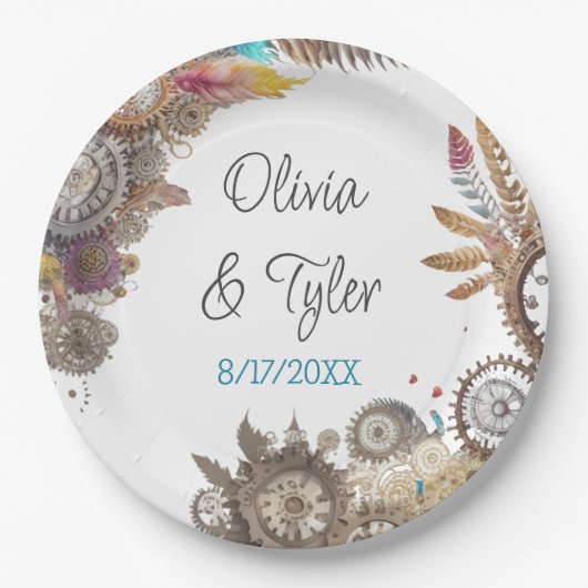 Floral Steampunk Hochzeitstag und Namen Pappteller (Vorderseite)