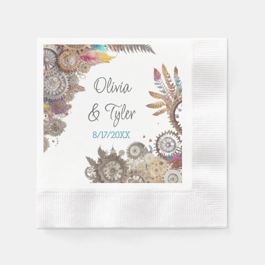 Floral Steampunk Hochzeitstag und Namen Serviette (Vorderseite)