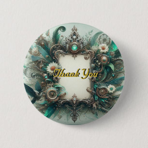 Floral Steampunk Wedding Green und Silver Button