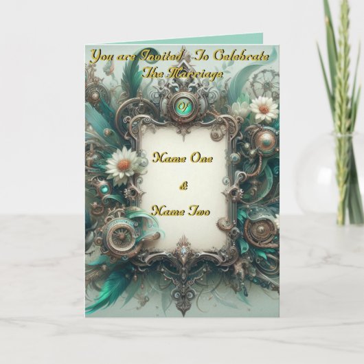 Floral Steampunk Wedding Green und Silver Einladung (Vorderseite)