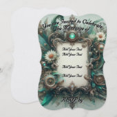Floral Steampunk Wedding Green und Silver Einladung (Vorne/Hinten)