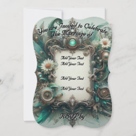 Floral Steampunk Wedding Green und Silver Einladung