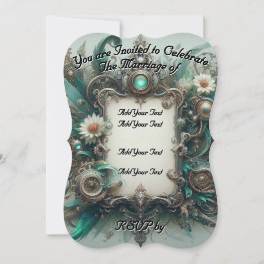 Floral Steampunk Wedding Green und Silver Einladung (Vorderseite)