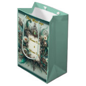Floral Steampunk Wedding Green und Silver Mittlere Geschenktüte (Vorderseite Schrägansicht)