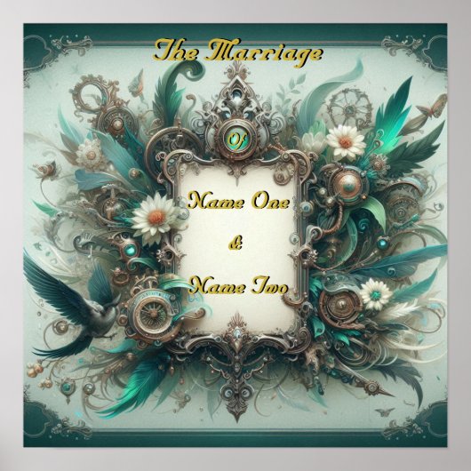 Floral Steampunk Wedding Green und Silver Poster (Vorne)